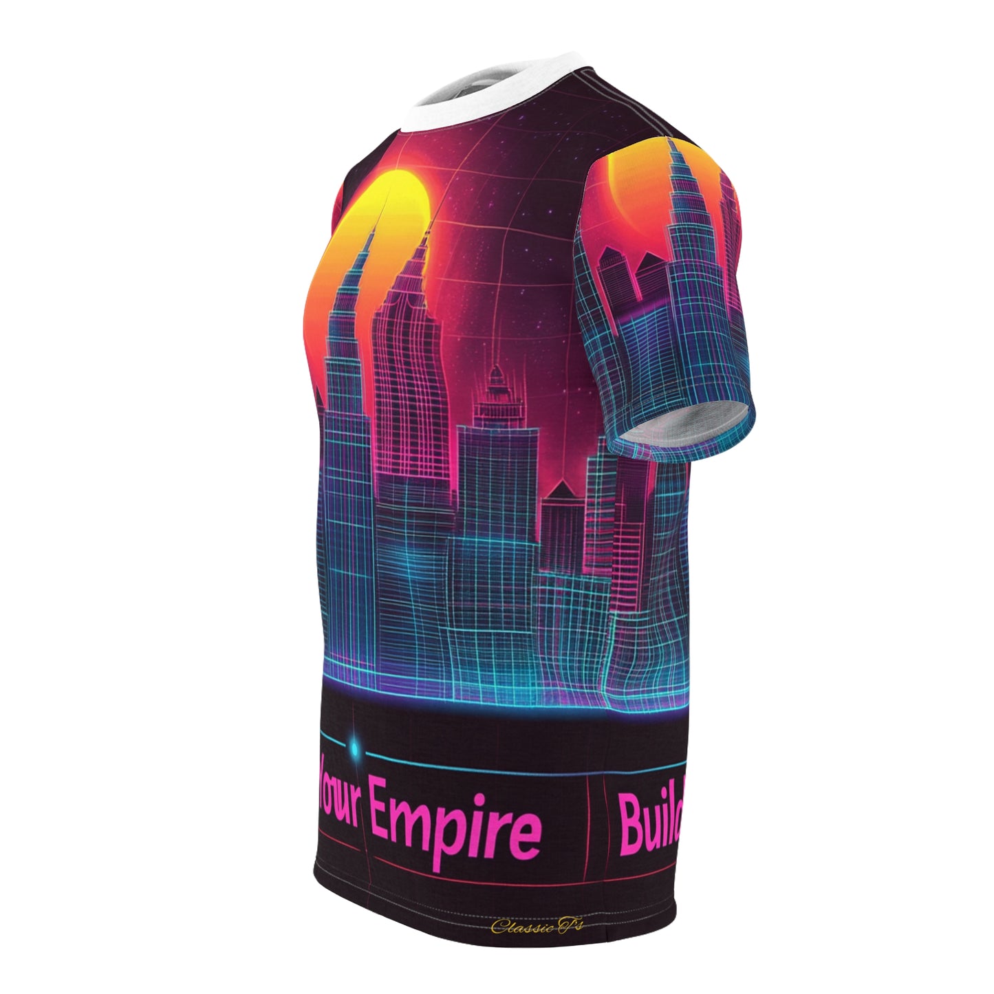 City Skyline Unisex Tee - Neon Retro Grid Design with 'Build Your Empire' Slogan