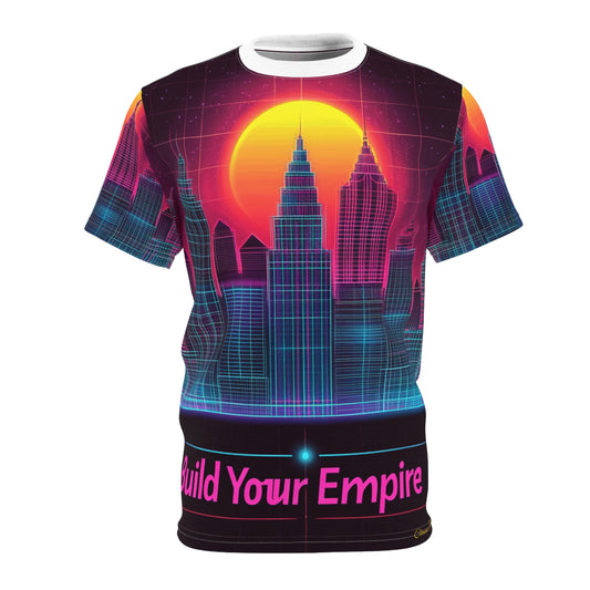 City Skyline Unisex Tee - Neon Retro Grid Design with 'Build Your Empire' Slogan