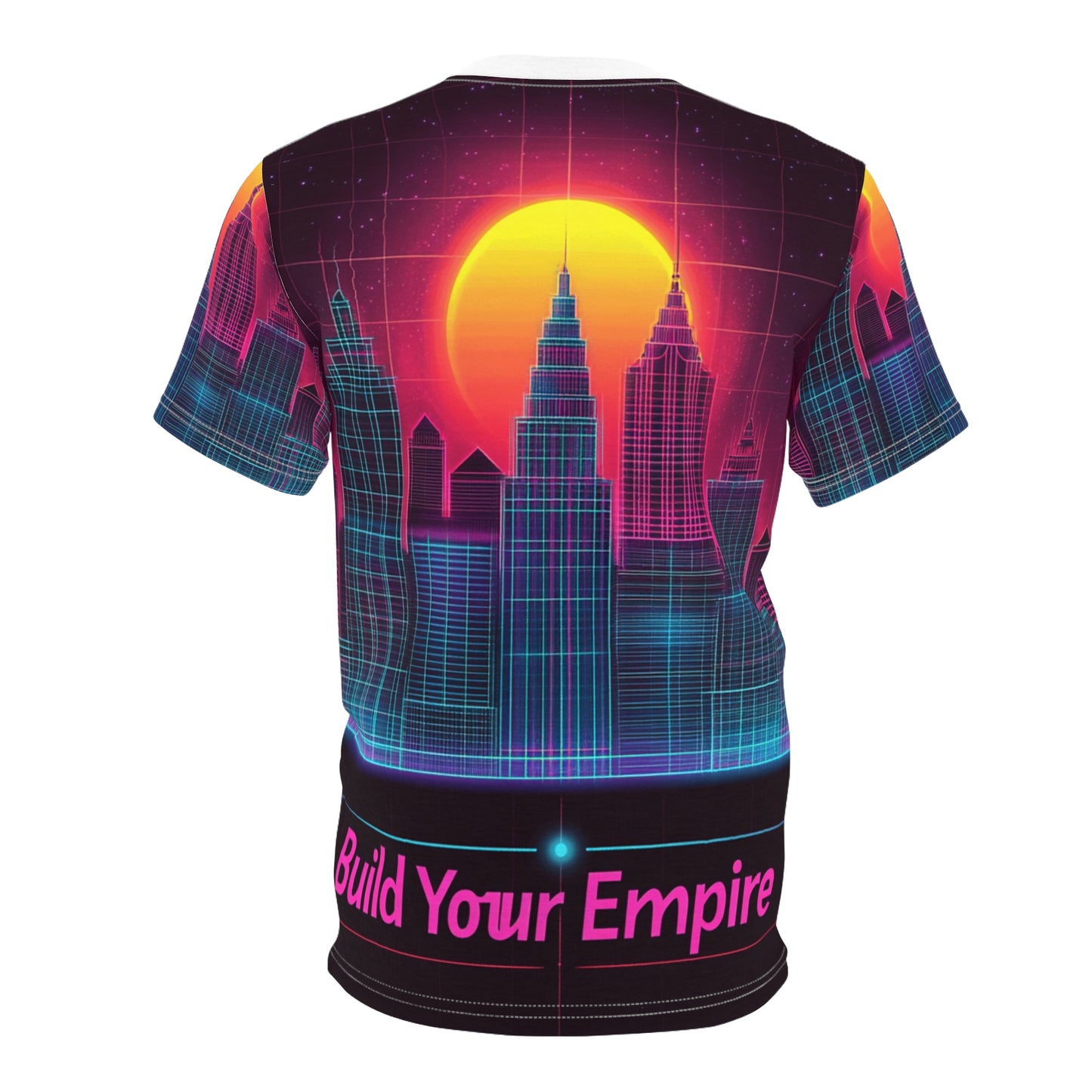 City Skyline Unisex Tee - Neon Retro Grid Design with 'Build Your Empire' Slogan