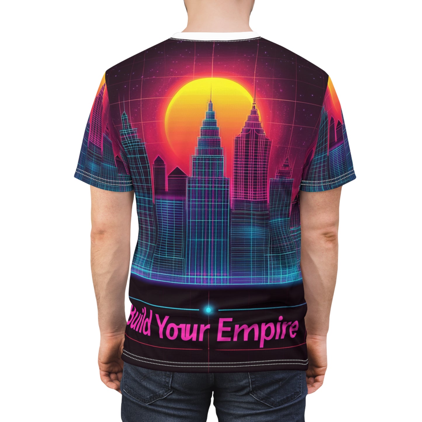 City Skyline Unisex Tee - Neon Retro Grid Design with 'Build Your Empire' Slogan