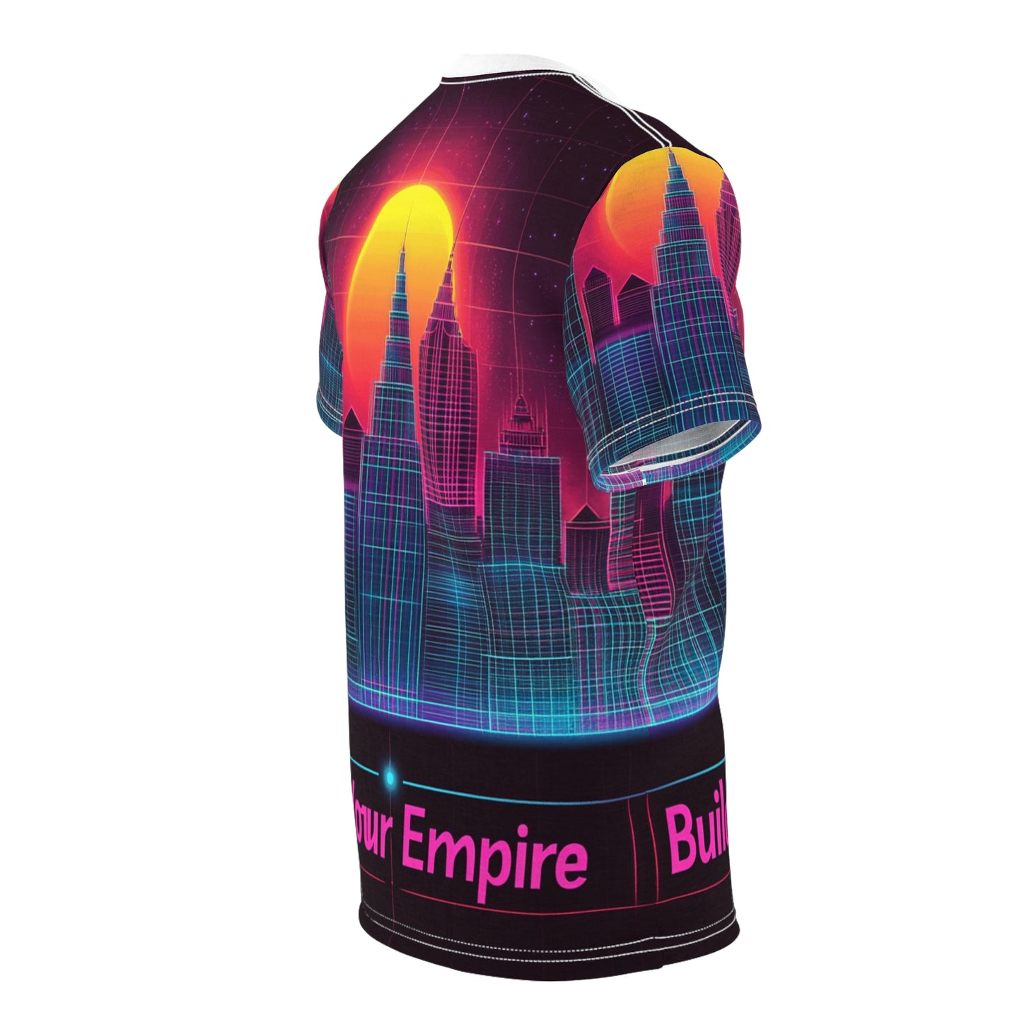 City Skyline Unisex Tee - Neon Retro Grid Design with 'Build Your Empire' Slogan