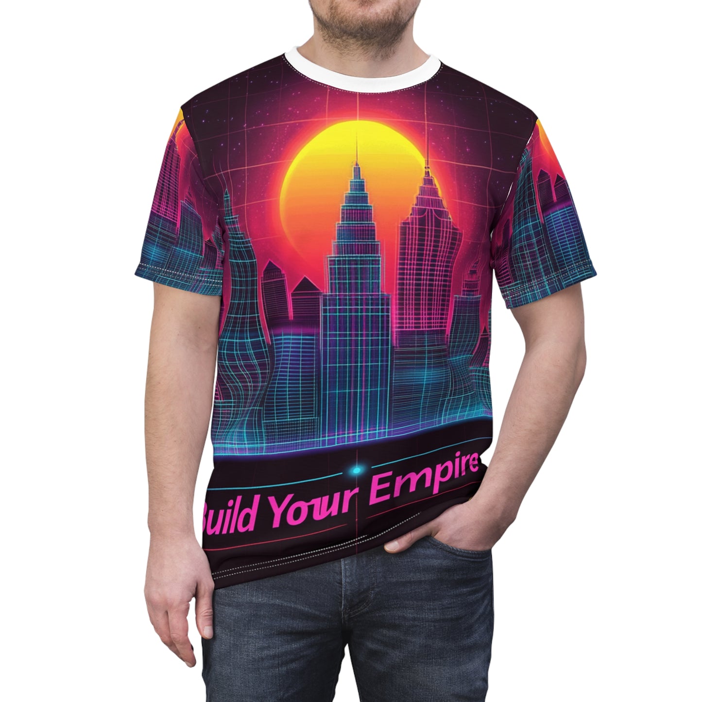 City Skyline Unisex Tee - Neon Retro Grid Design with 'Build Your Empire' Slogan